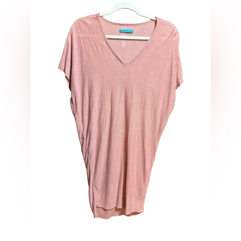 Alice + Olivia Blush Pink Oversized V-Neck Tee Top Soft & Chic Linen Blend Sz L